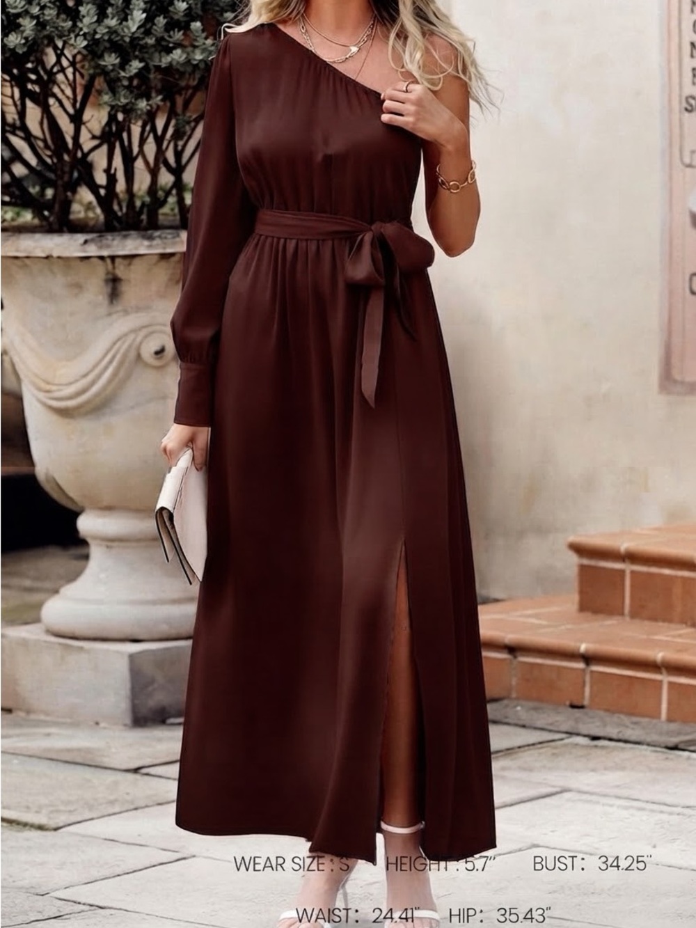 $60 NWOT KIRUNDO Women's Satin Long Sleeve One Shoulder Maxi Dress M